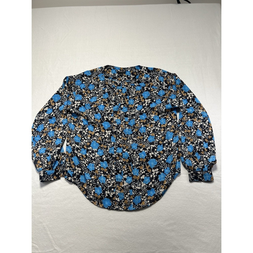 Ann Taylor Floral Seamed Split Neck Popover Blouse Sz S Night Sky - Picture 2 of 7